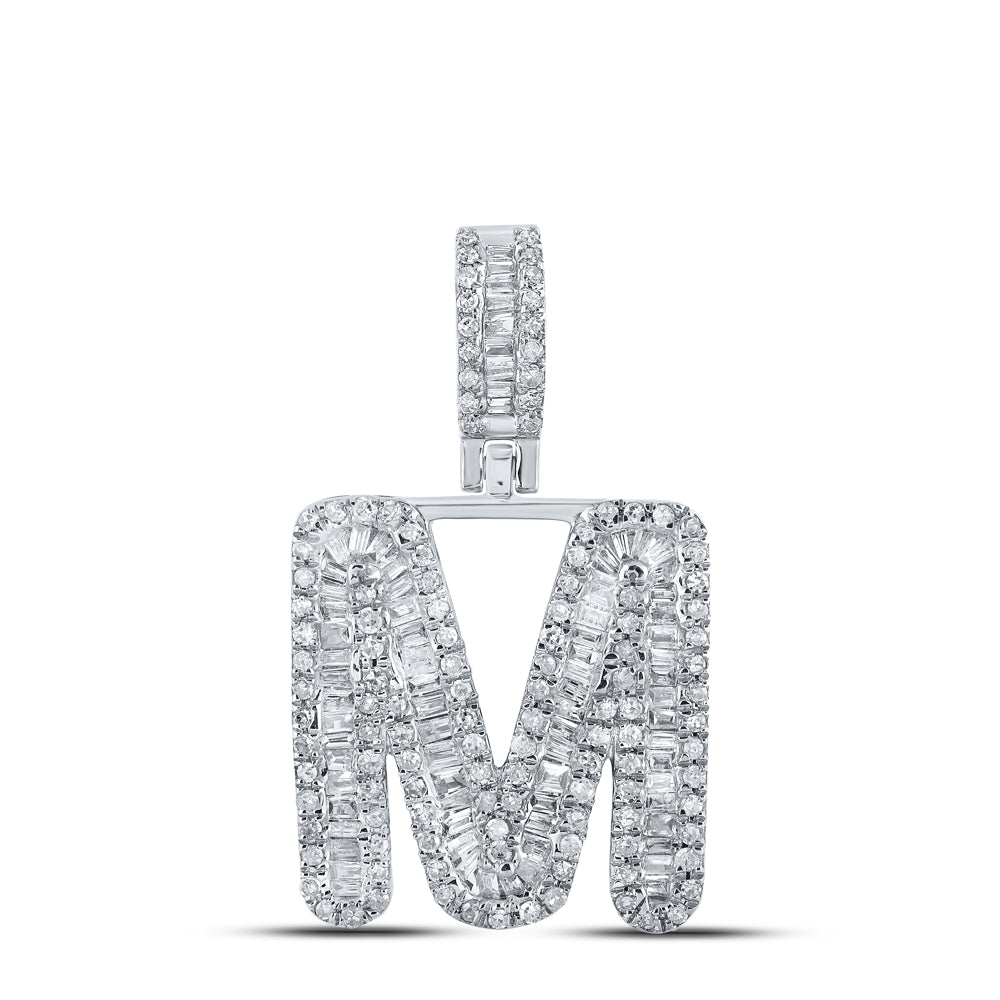 0.69 Ctw Natural Diamond Baguette Initial letter M Pendant in 10k White Gold