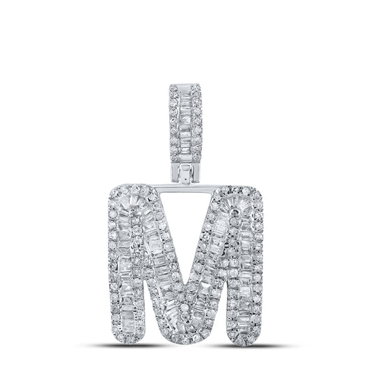 0.69 Ctw Natural Diamond Baguette Initial letter M Pendant in 10k White Gold