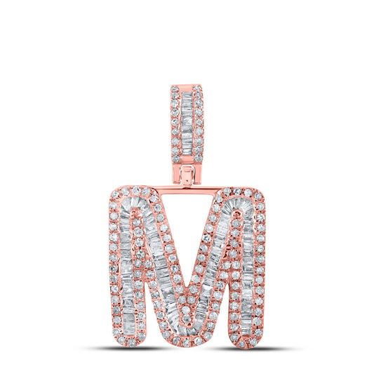 0.69 Ctw Natural Diamond Baguette Initial letter M Pendant in 10k Rose Gold