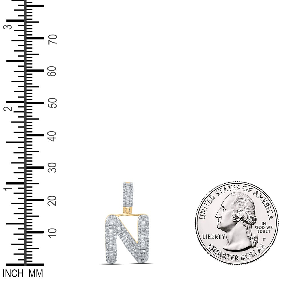 0.49 Ctw Natural Diamond Baguette Initial letter N Pendant in 10k Yellow Gold