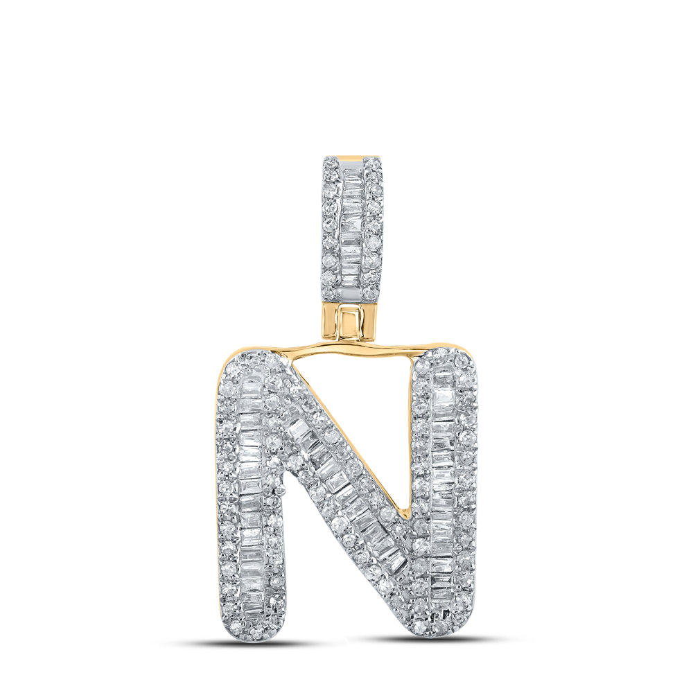 0.49 Ctw Natural Diamond Baguette Initial letter N Pendant in 10k Yellow Gold