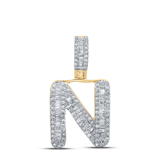 0.49 Ctw Natural Diamond Baguette Initial letter N Pendant in 10k Yellow Gold