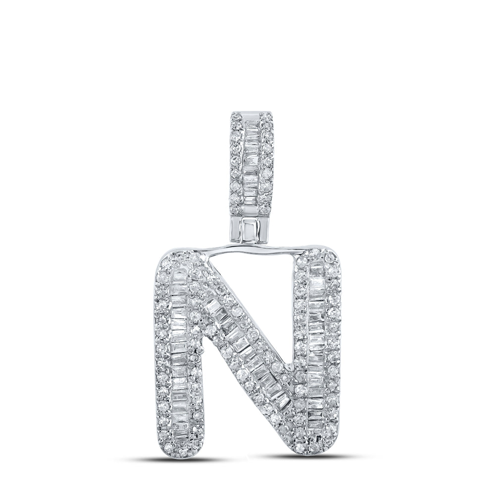 0.49 Ctw Natural Diamond Baguette Initial letter N Pendant in 10k White Gold