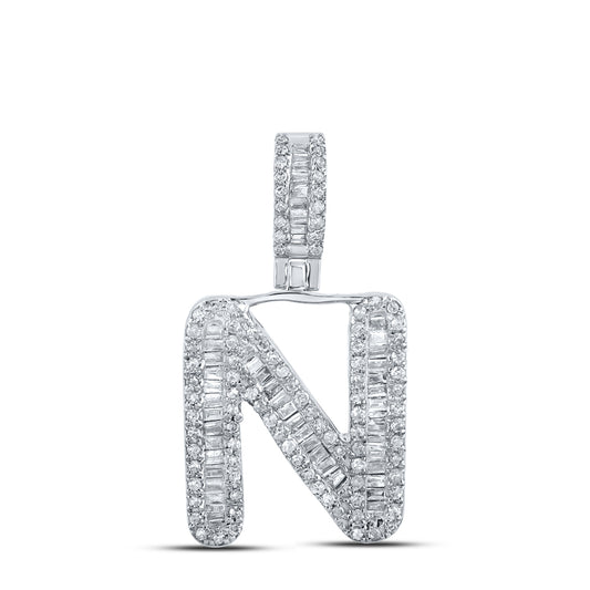 0.49 Ctw Natural Diamond Baguette Initial letter N Pendant in 10k White Gold