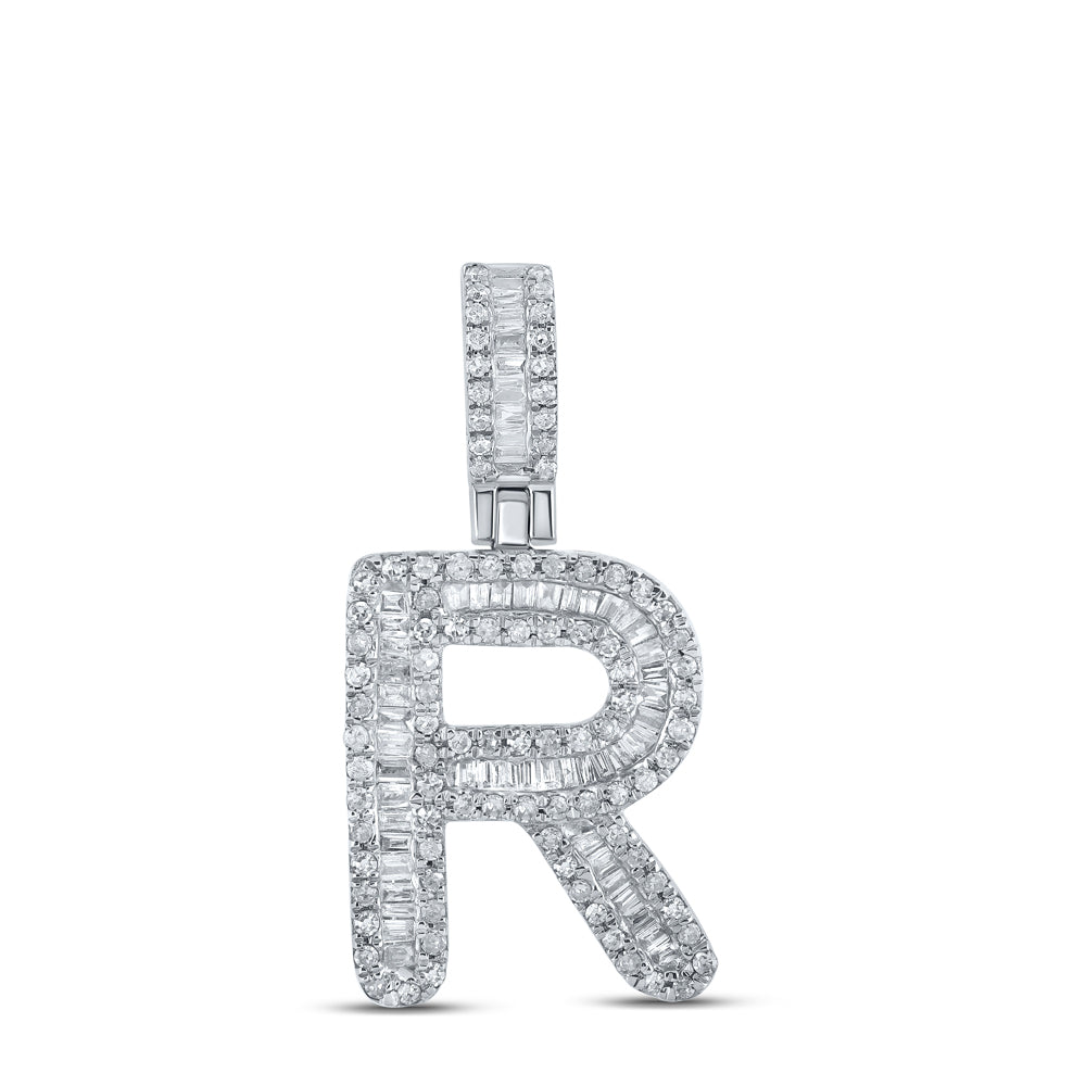 0.5 Ctw Natural Diamond Baguette Initial letter R Pendant in 10k White Gold
