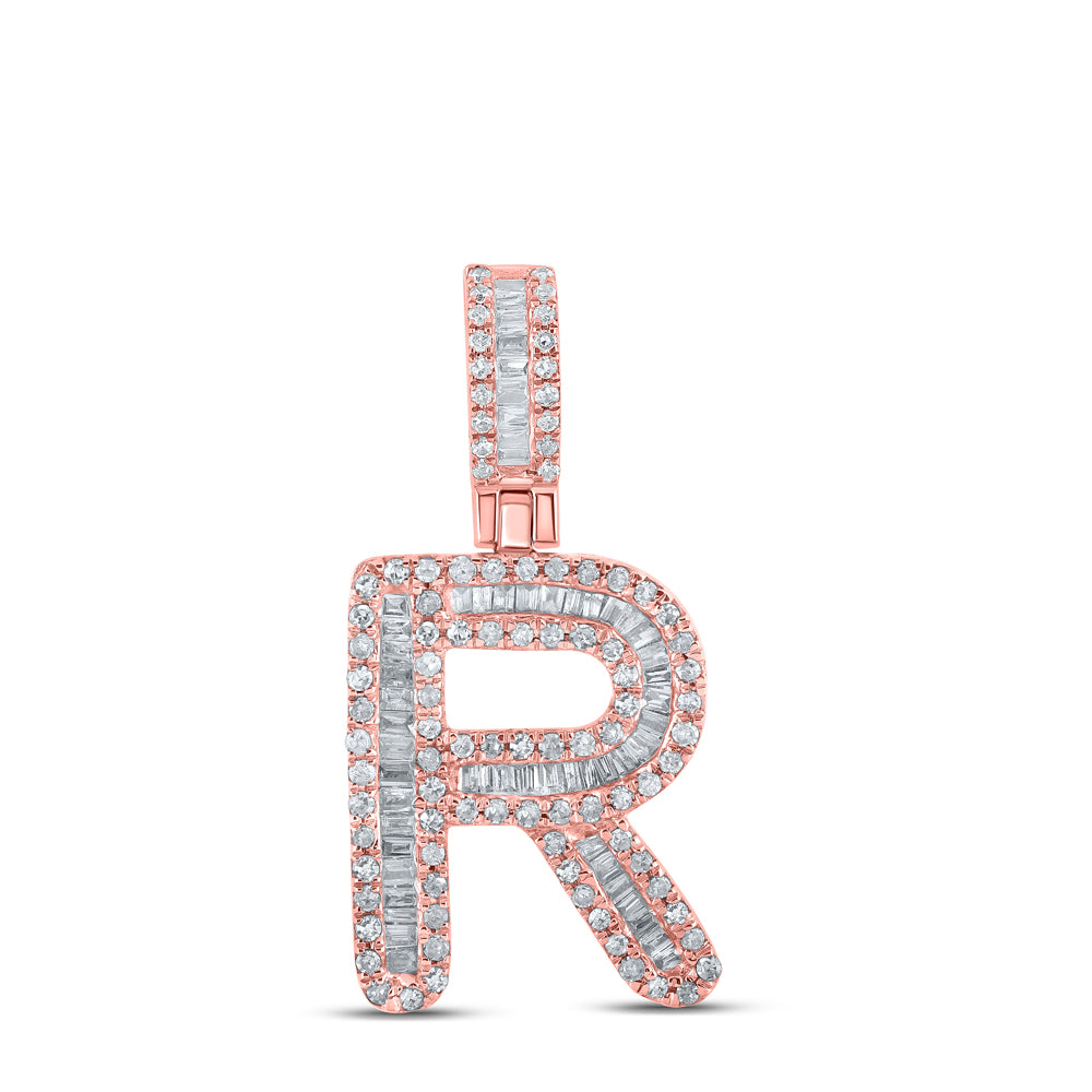 0.5 Ctw Natural Diamond Baguette Initial letter R Pendant in 10k Rose Gold