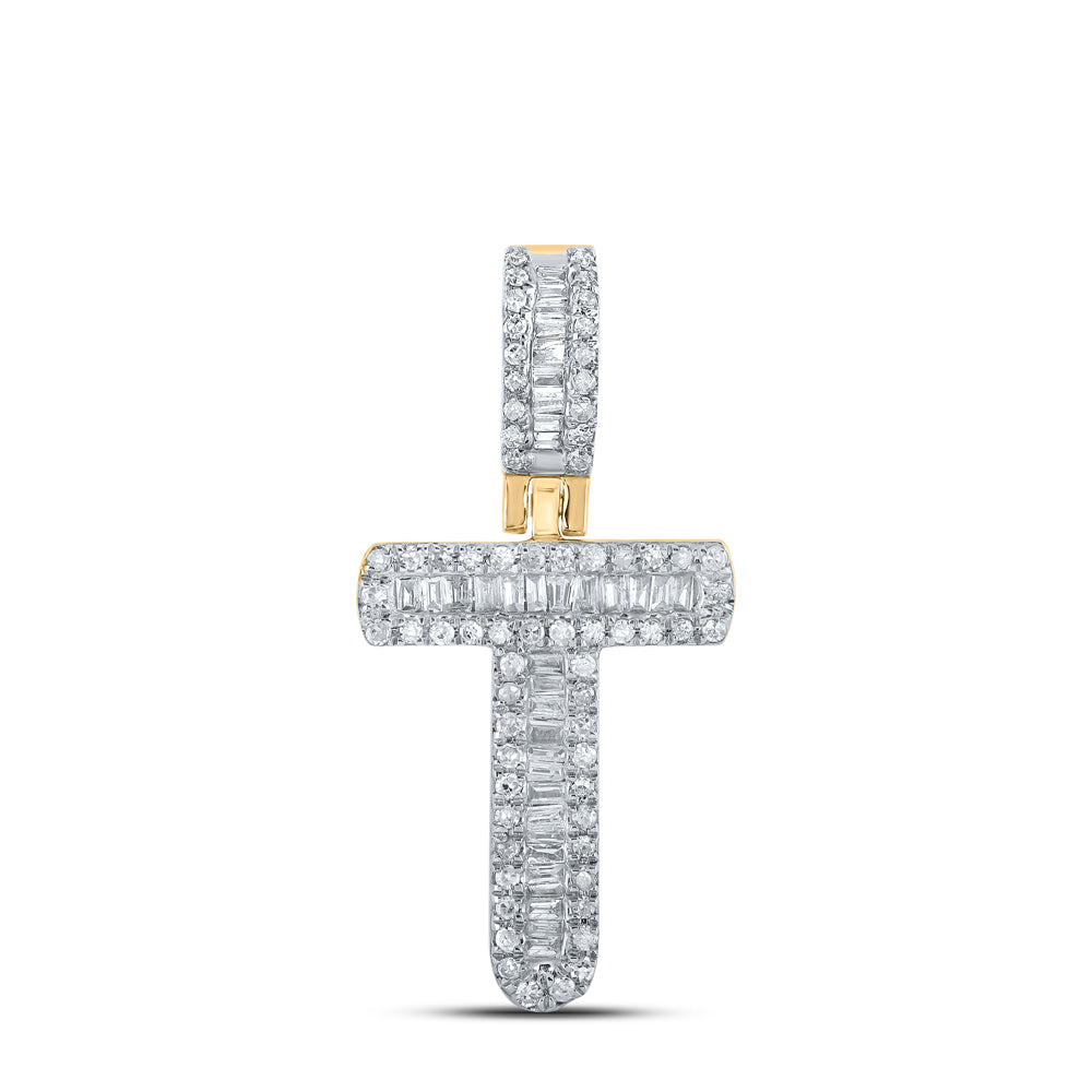 0.34 Ctw Natural Diamond Baguette Initial letter T Pendant in 10k Yellow Gold