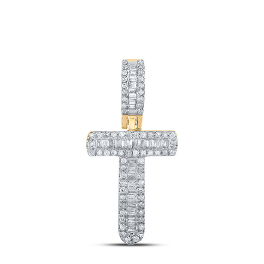 0.34 Ctw Natural Diamond Baguette Initial letter T Pendant in 10k Yellow Gold