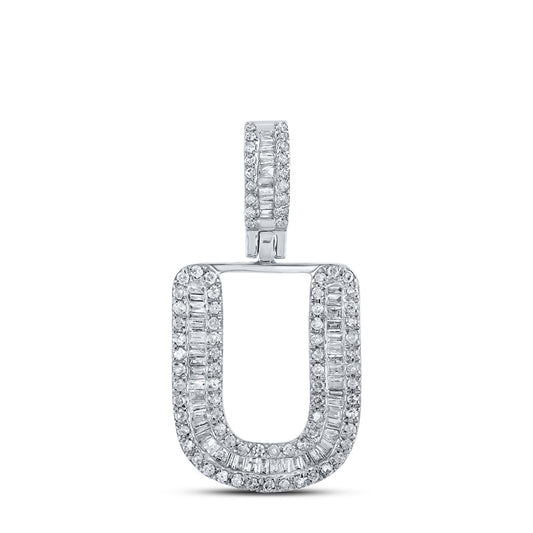 0.44 Ctw Natural Diamond Baguette Initial letter U Pendant in 10k White Gold