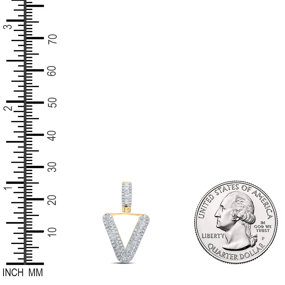0.39 Ctw Natural Diamond Baguette Initial letter V Pendant in 10k Yellow Gold