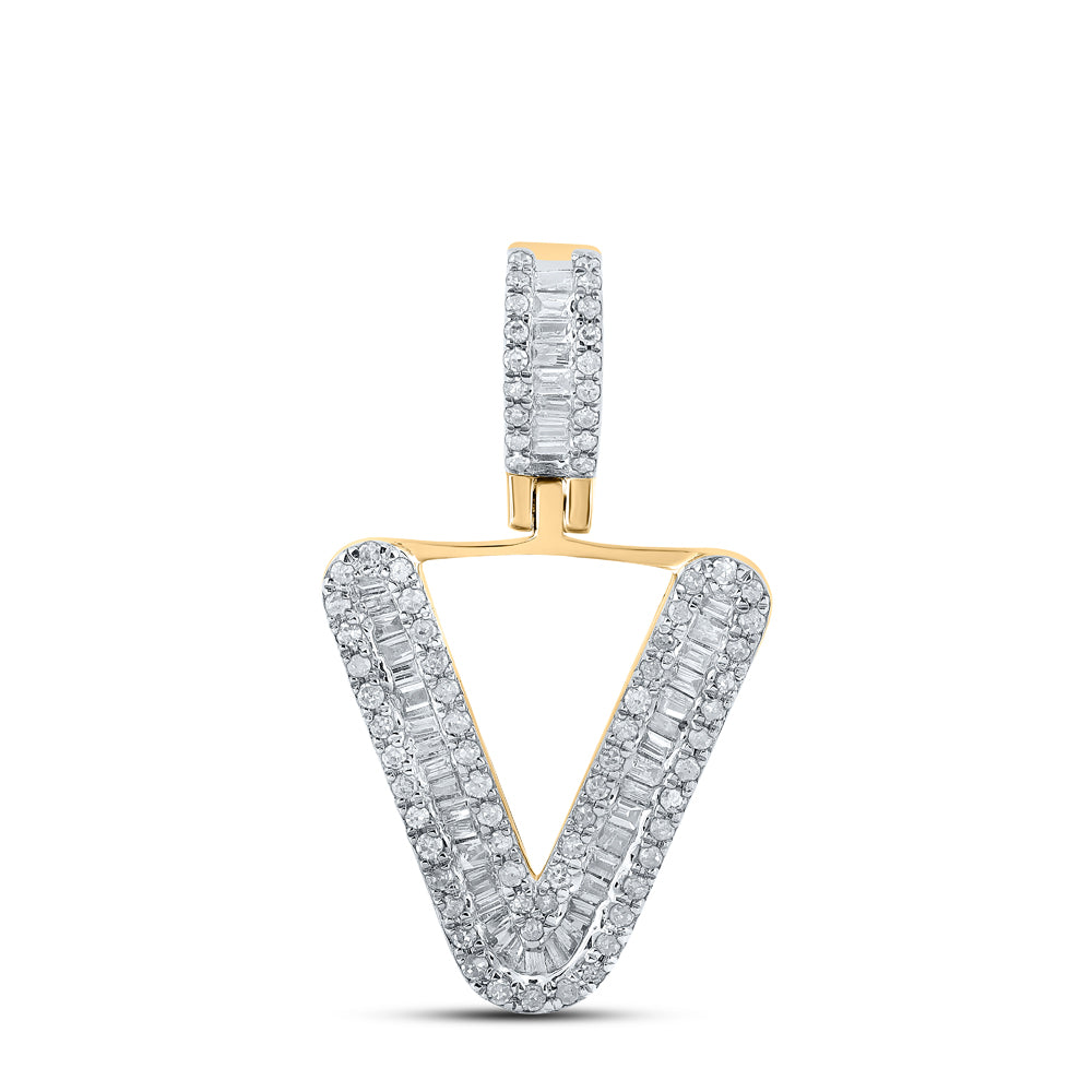 0.39 Ctw Natural Diamond Baguette Initial letter V Pendant in 10k Yellow Gold