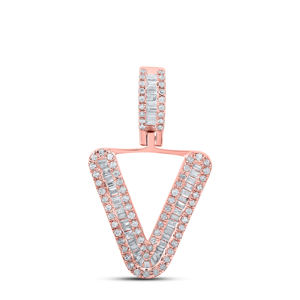 0.39 Ctw Natural Diamond Baguette Initial letter V Pendant in 10k Rose Gold