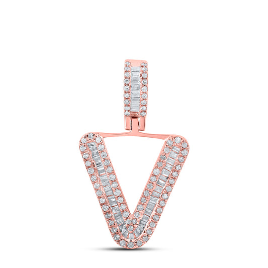 0.39 Ctw Natural Diamond Baguette Initial letter V Pendant in 10k Rose Gold