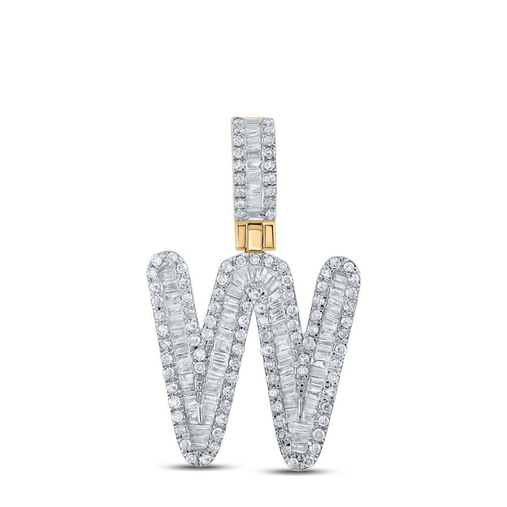 0.64 Ctw Natural Diamond Baguette Initial letter W Pendant in 10k Yellow Gold