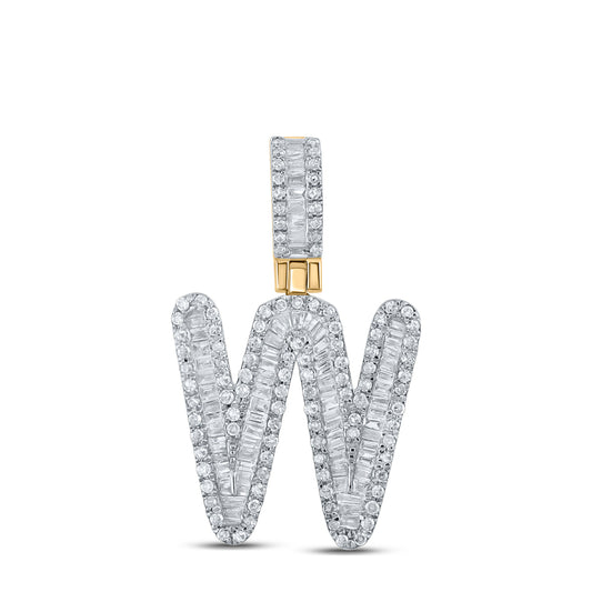0.64 Ctw Natural Diamond Baguette Initial letter W Pendant in 10k Yellow Gold
