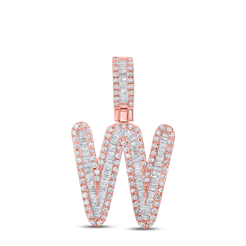 0.64 Ctw Natural Diamond Baguette Initial letter W Pendant in 10k Rose Gold