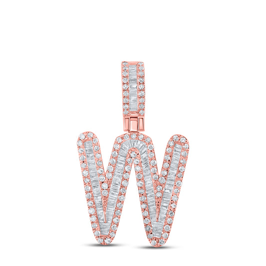 0.64 Ctw Natural Diamond Baguette Initial letter W Pendant in 10k Rose Gold