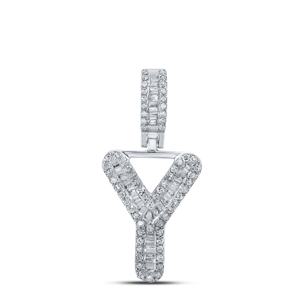 0.33 Ctw Natural Diamond Baguette Initial letter Y Pendant in 10k White Gold