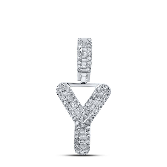 0.33 Ctw Natural Diamond Baguette Initial letter Y Pendant in 10k White Gold