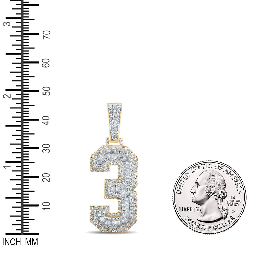 1.53 Ctw Natural Diamond Block Number Three 3 Pendant in 10k Two-tone Gold