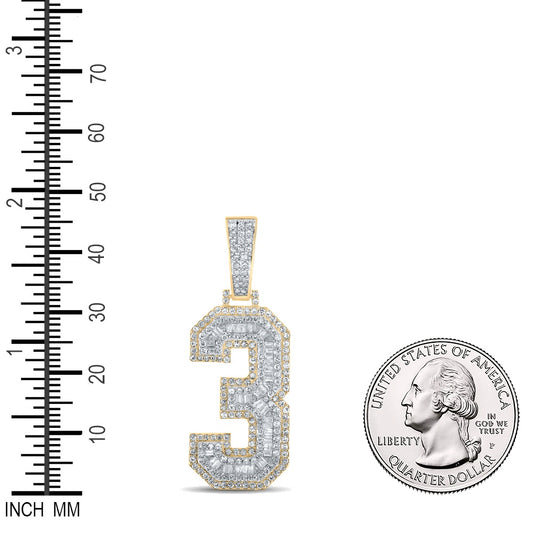 1.53 Ctw Natural Diamond Block Number Three 3 Pendant in 10k Two-tone Gold