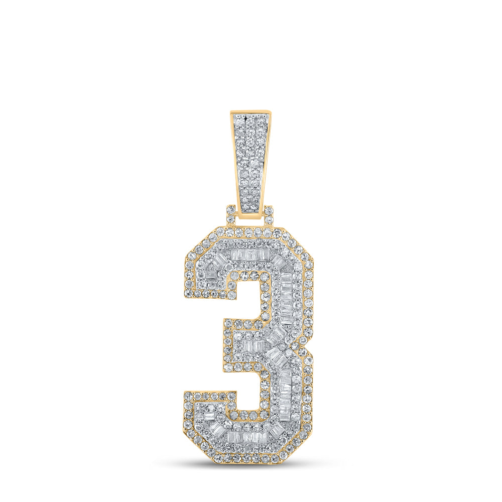 1.53 Ctw Natural Diamond Block Number Three 3 Pendant in 10k Two-tone Gold