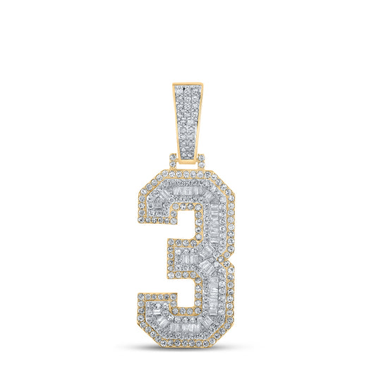 1.53 Ctw Natural Diamond Block Number Three 3 Pendant in 10k Two-tone Gold