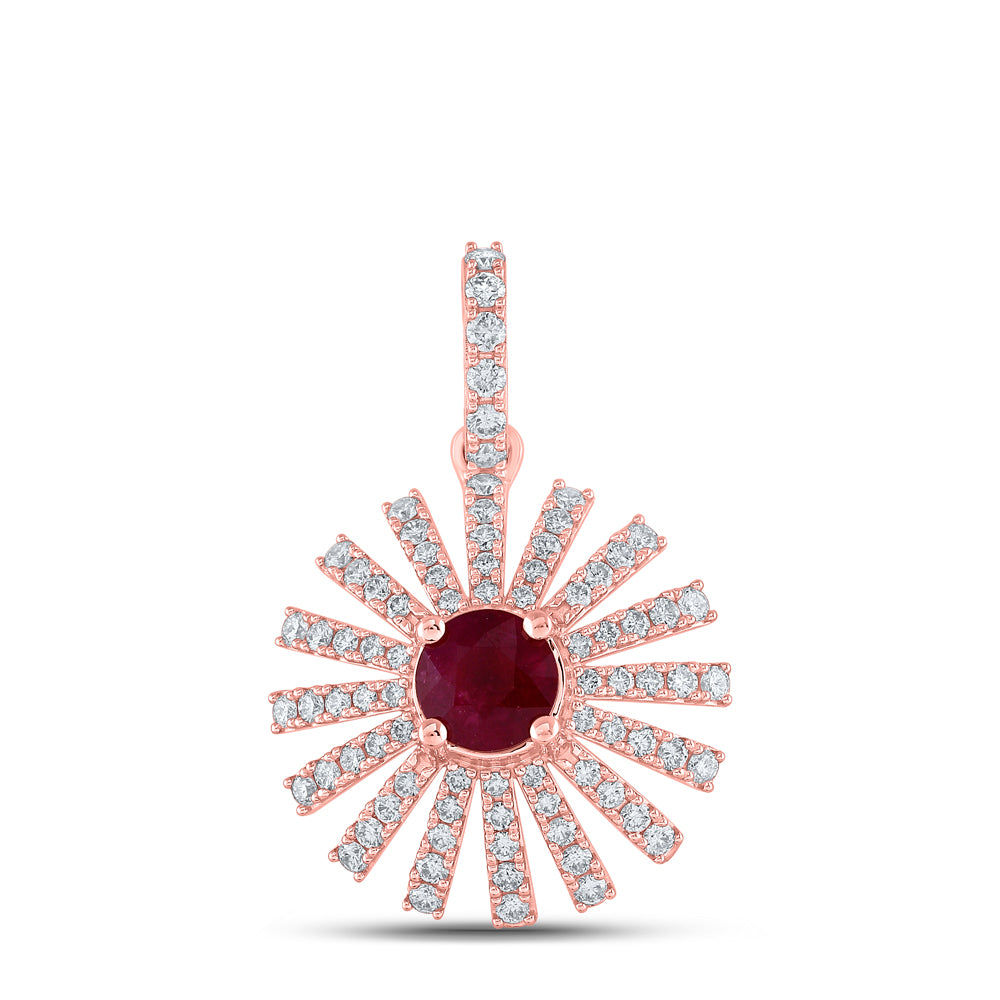 3.96 Ctw Natural Diamond Center Red Floral Pendant in 14k Rose Gold