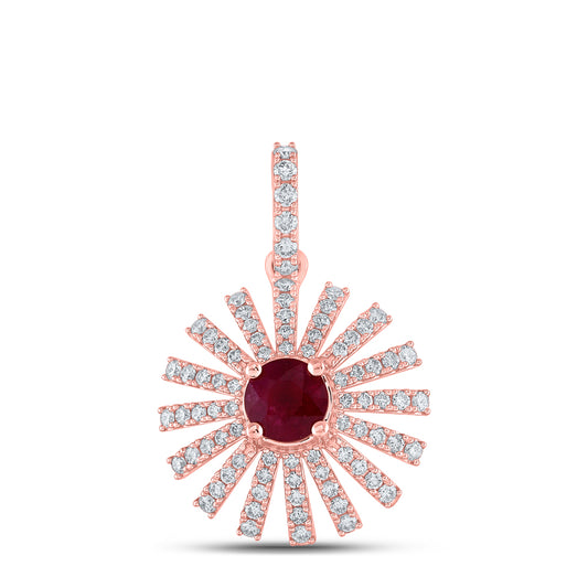 3.96 Ctw Natural Diamond Center Red Floral Pendant in 14k Rose Gold