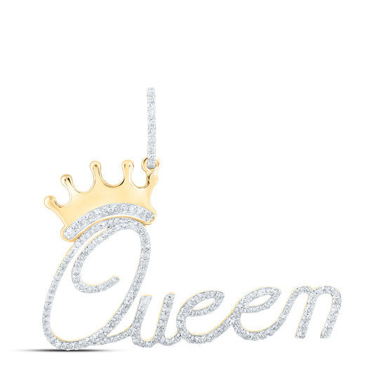 0.8 Ctw Natural Diamond Queen Crown Script Hiphop Pendant in 10k Yellow Gold