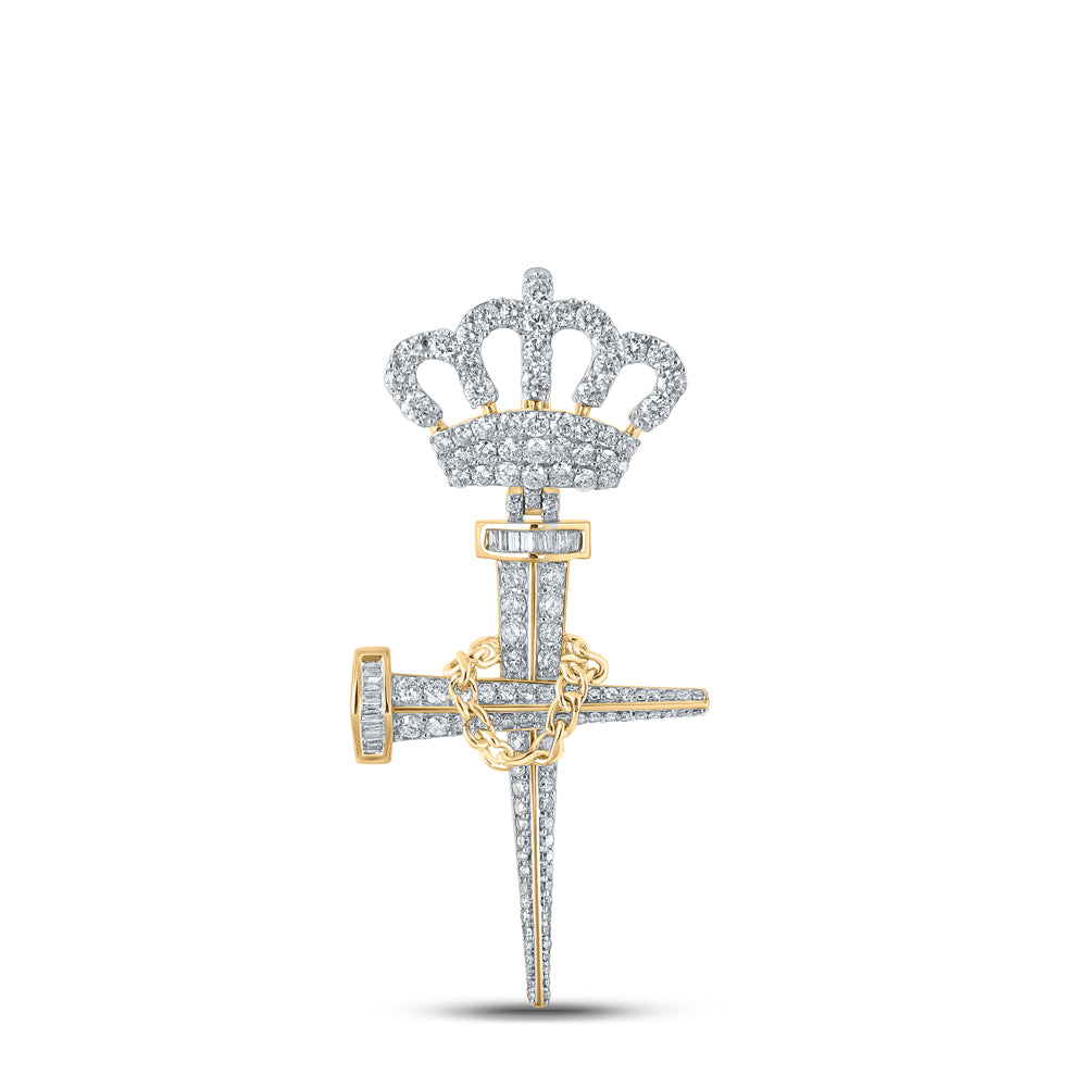 2.98 Ctw Natural Diamond Nail Cross Crown Pendant in 10k Yellow Gold