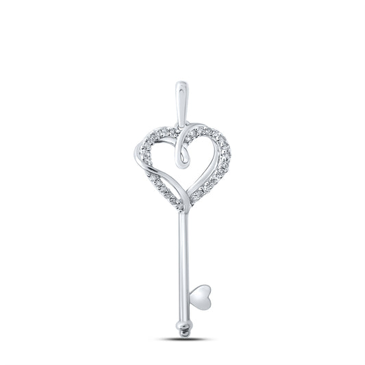 0.08 Ctw Natural Diamond Heart Key Gift Pendant in 10k White Gold