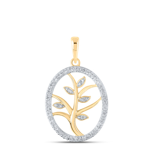 0.1 Ctw Natural Diamond Oval Border Tree Of Life Pendant in 10k Yellow Gold