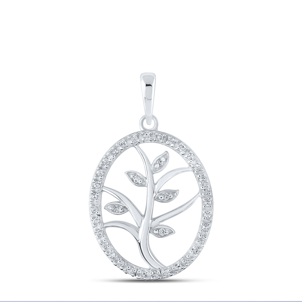 0.1 Ctw Natural Diamond Oval Border Tree Of Life Pendant in 10k White Gold
