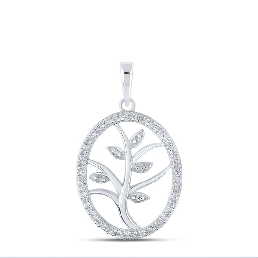 0.1 Ctw Natural Diamond Oval Border Tree Of Life Pendant in 10k White Gold