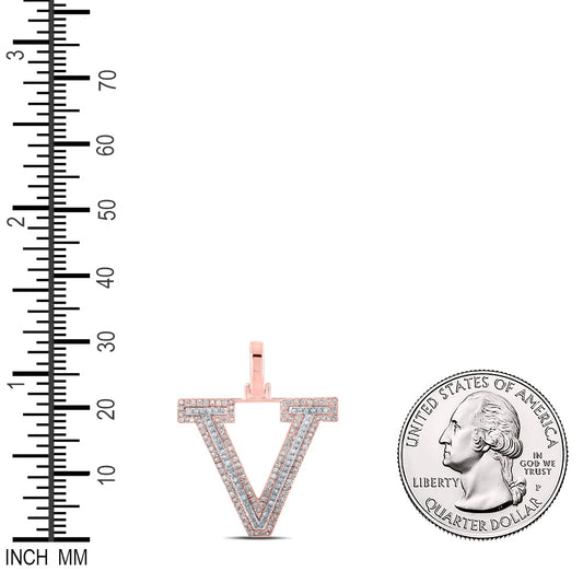 0.42 Ctw Natural Diamond Block Initial Letter V Pendant in 10k Two-tone Gold