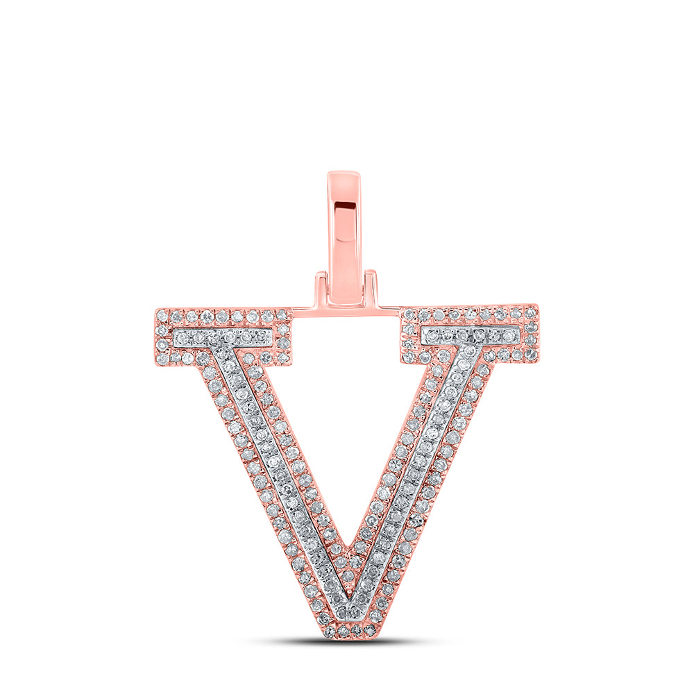 0.42 Ctw Natural Diamond Block Initial Letter V Pendant in 10k Two-tone Gold