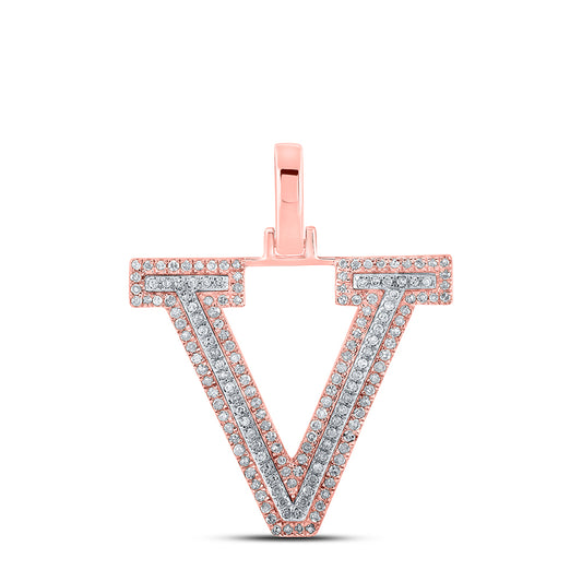 0.42 Ctw Natural Diamond Block Initial Letter V Pendant in 10k Two-tone Gold