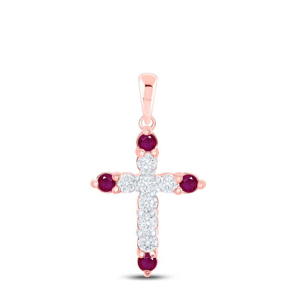 0.24 Ctw Natural Diamond 4 Four Red Corner Cross Gift Pendant in 10k Rose Gold