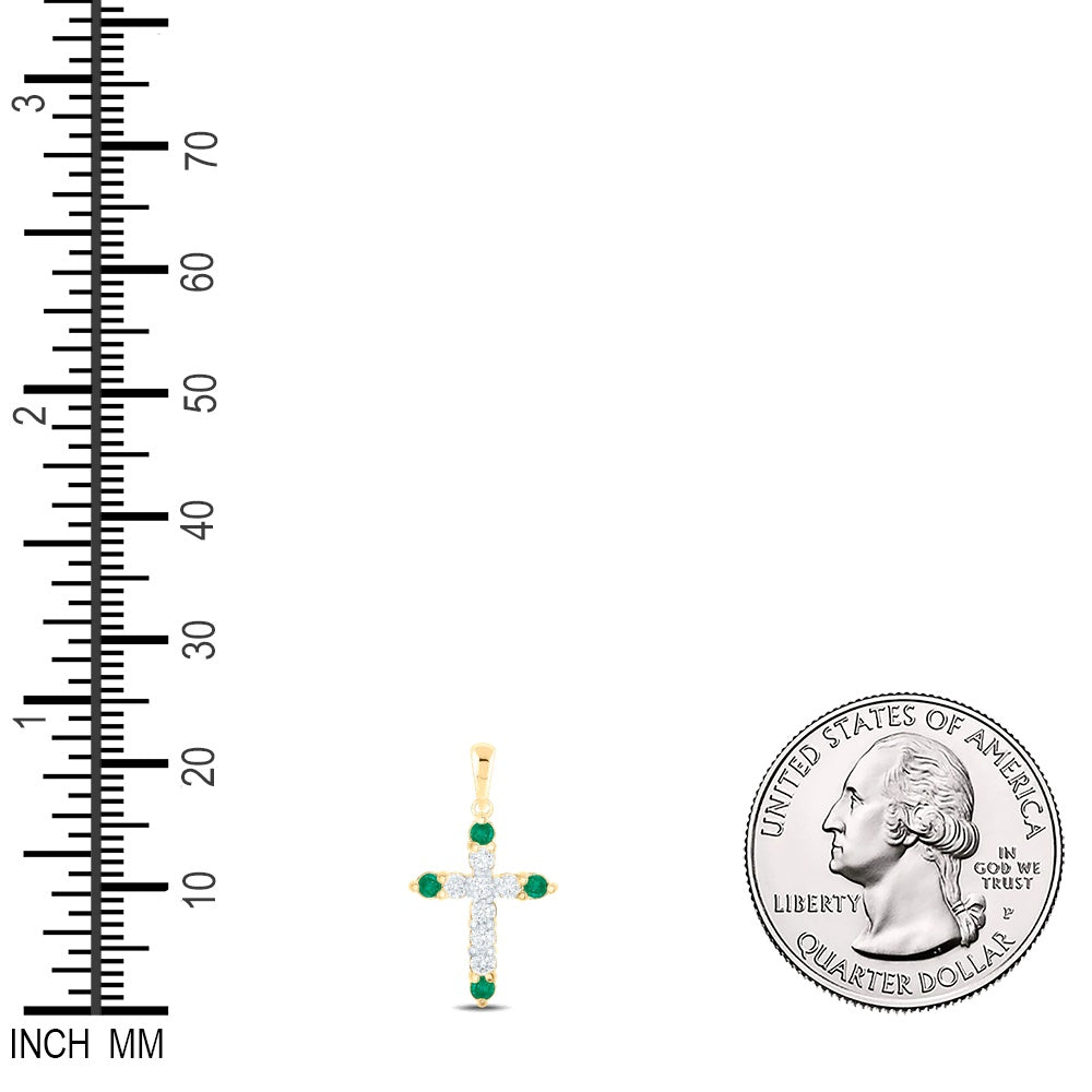 0.22 Ctw Natural Diamond Green White Cross Religious Pendant in 10k Yellow Gold