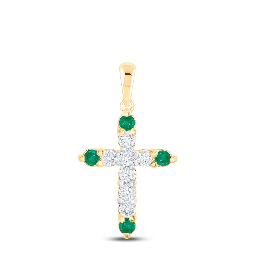 0.22 Ctw Natural Diamond Green White Cross Religious Pendant in 10k Yellow Gold