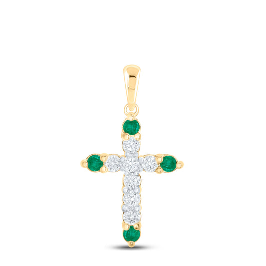 0.22 Ctw Natural Diamond Green White Cross Religious Pendant in 10k Yellow Gold