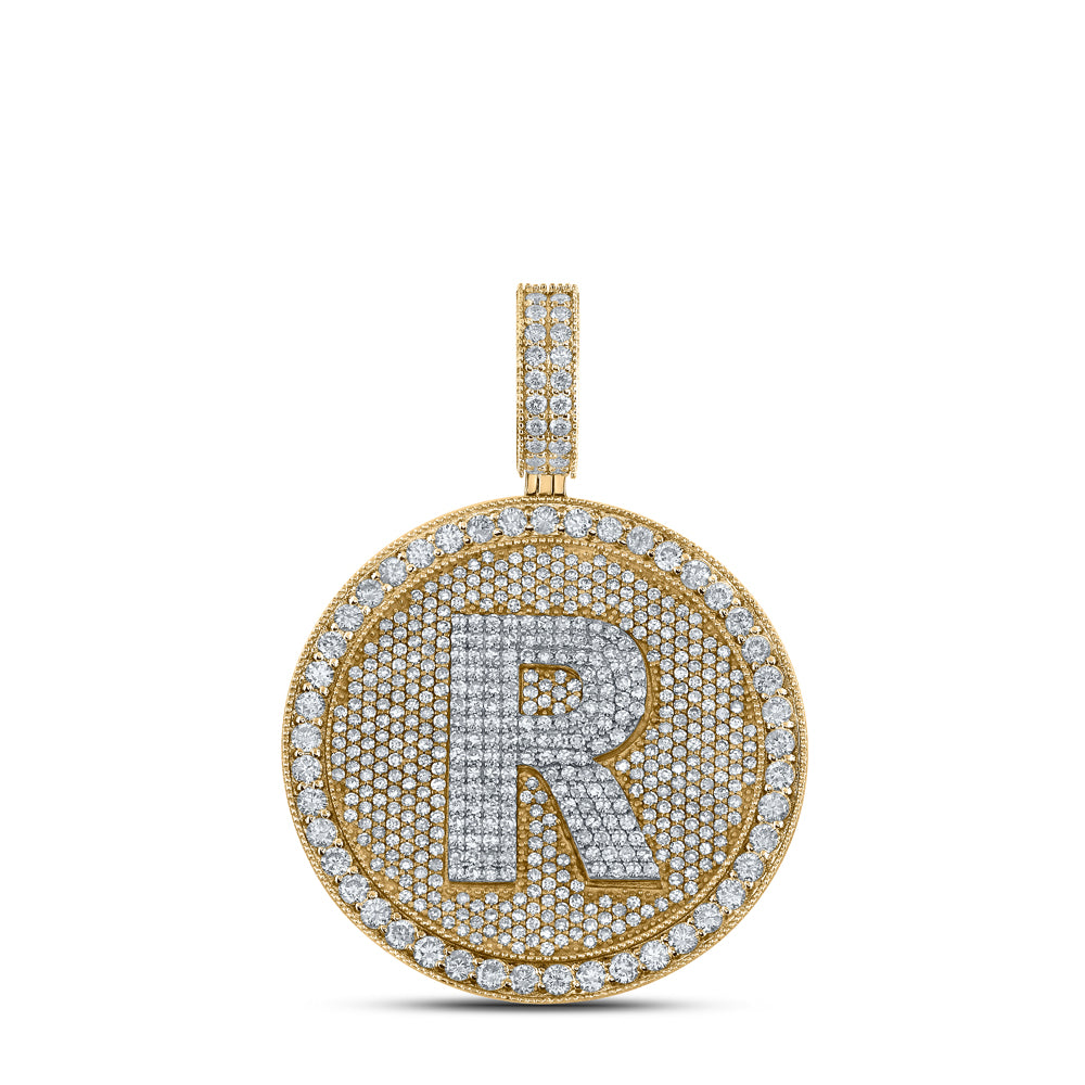 3.79 Ctw Natural Diamond Medallion Initial Letter Alphabet R Pendant in 10k Two-tone Gold