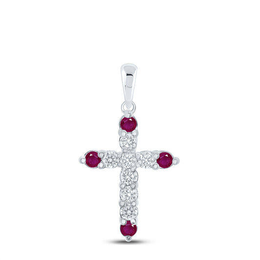 0.24 Ctw Natural Diamond 4 Four Red Corner Cross Gift Pendant in 10k White Gold