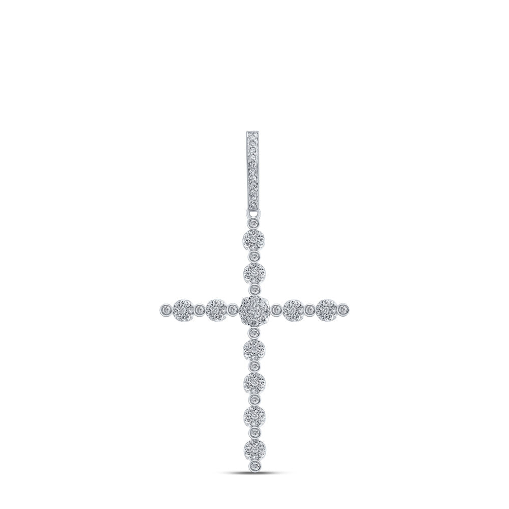 0.74 Ctw Natural Diamond Floral Cross Religious Pendant in 10k White Gold