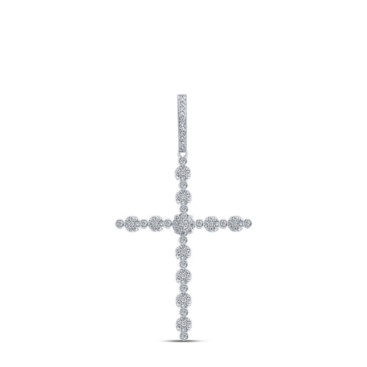 0.74 Ctw Natural Diamond Floral Cross Religious Pendant in 10k White Gold
