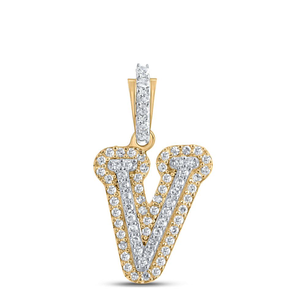 0.18 Ctw Natural Diamond Hiphop Initial Letter V Pendant in 10k Yellow Gold