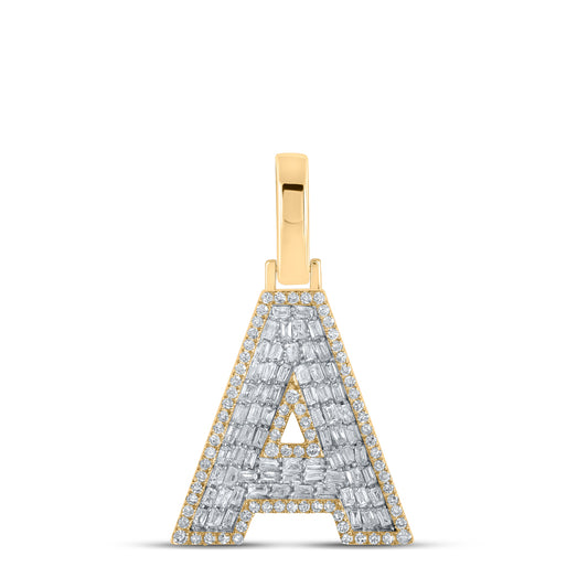 0.52 Ctw Natural Diamond Baguette Block Initial Letter A Pendant in 10k Yellow Gold
