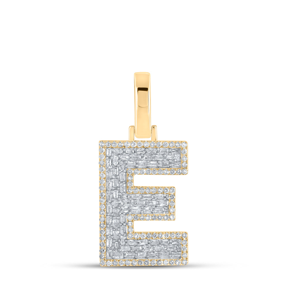 0.74 Ctw Natural Diamond Baguette Block Initial Letter E Pendant in 10k Yellow Gold