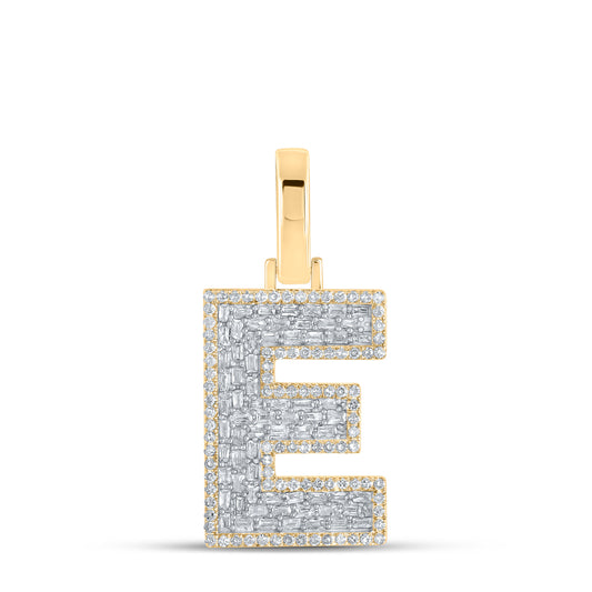 0.74 Ctw Natural Diamond Baguette Block Initial Letter E Pendant in 10k Yellow Gold